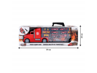 Набор машинок серии "Служба спасения" (Автовоз - кейс 54 см, красный, с тоннелем. 4 машинки, 1 автобус, 1 вертолет и 10 дорожных знаков)