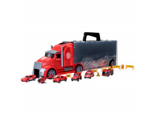 Набор машинок серии "Служба спасения" (Автовоз - кейс 54 см, красный, с тоннелем. 4 машинки, 1 автобус, 1 вертолет и 10 дорожных знаков)