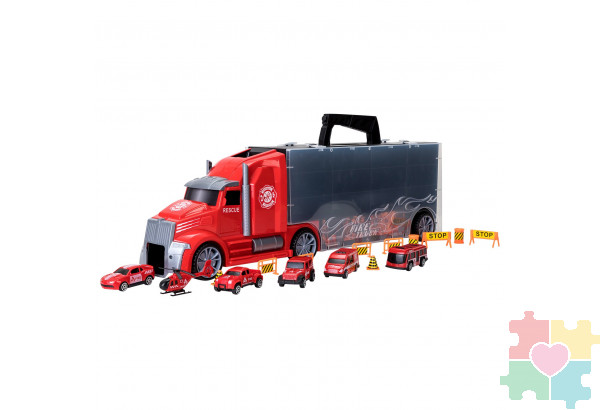 Набор машинок серии "Служба спасения" (Автовоз - кейс 54 см, красный, с тоннелем. 4 машинки, 1 автобус, 1 вертолет и 10 дорожных знаков)