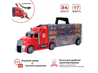 Набор машинок серии "Служба спасения" (Автовоз - кейс 54 см, красный, с тоннелем. 4 машинки, 1 автобус, 1 вертолет и 10 дорожных знаков)