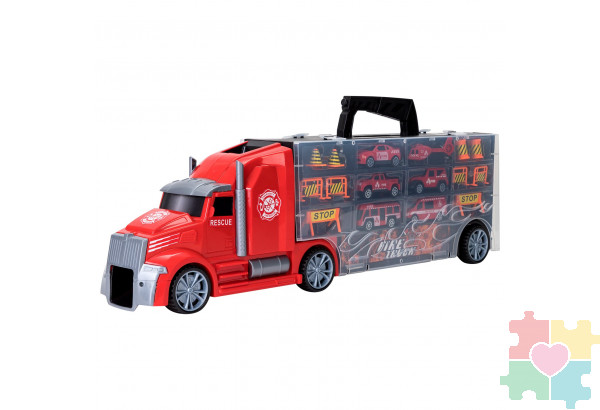 Набор машинок серии "Служба спасения" (Автовоз - кейс 54 см, красный, с тоннелем. 4 машинки, 1 автобус, 1 вертолет и 10 дорожных знаков)