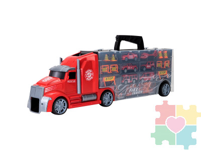 Набор машинок серии "Служба спасения" (Автовоз - кейс 54 см, красный, с тоннелем. 4 машинки, 1 автобус, 1 вертолет и 10 дорожных знаков)