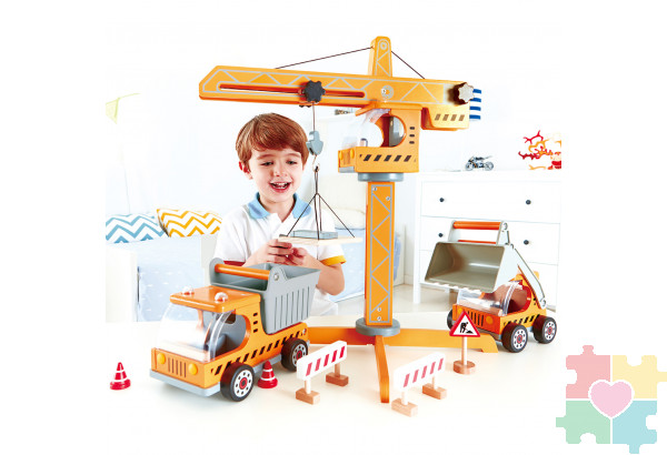 Деревянная игрушка "Большой подъемный кран", 8 предметов