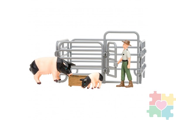 Игрушки фигурки в наборе серии "На ферме", 6 предметов (фермер, 2 свиньи, ограждение-загон, инвентарь)
