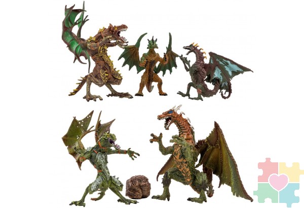 Драконы и динозавры для детей серии "Мир драконов" (5 драконов игрушек, 1 аксессуар в наборе с фигурками)