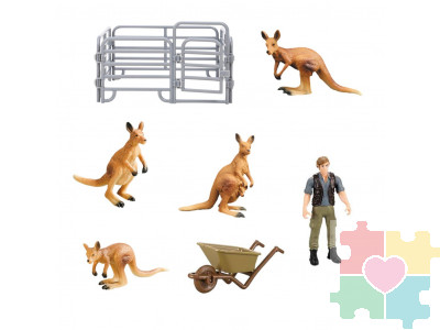 Игрушки фигурки в наборе серии "На ферме", 7 предметов (фермер, тележка, семья кенгуру, ограждение-загон)