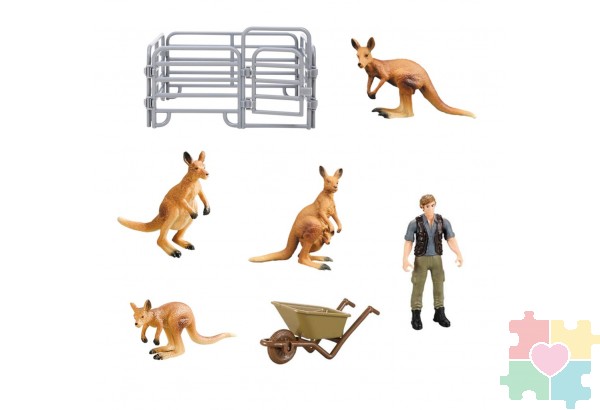 Игрушки фигурки в наборе серии "На ферме", 7 предметов (фермер, тележка, семья кенгуру, ограждение-загон)