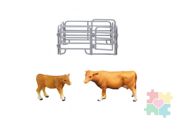 Игрушки фигурки в наборе серии "На ферме", 3предмета (корова рыжая, теленок, ограждение-загон)