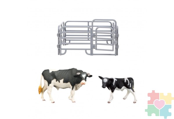 Игрушки фигурки в наборе серии "На ферме", 3предмета (корова черная с белым, теленок, ограждение-загон)