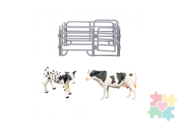 Игрушки фигурки в наборе серии "На ферме", 3предмета (корова белая с черным, теленок, ограждение-загон)
