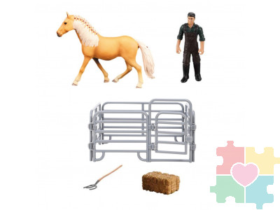 Фигурки животных серии "Мир лошадей": Авелинская лошадь, фермер, ограждение, вилы, сено (набор из 5 предметов)