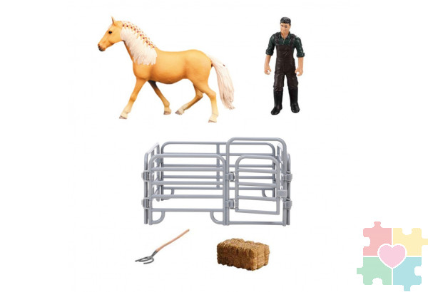 Фигурки животных серии "Мир лошадей": Авелинская лошадь, фермер, ограждение, вилы, сено (набор из 5 предметов)