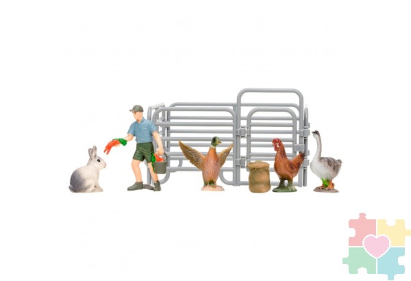 Игрушки фигурки в наборе серии "На ферме", 7 предметов (фермер, кролик, утка, курица, гусь, ограждение-загон, инвентарь)