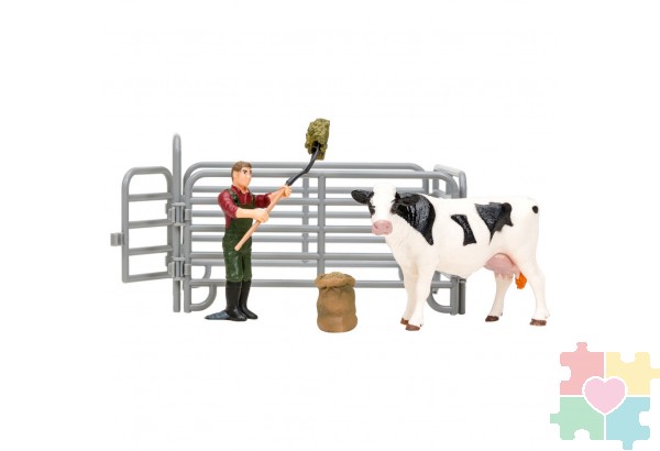 Игрушки фигурки в наборе серии "На ферме", 6 предметов (фермер, корова, ограждение-загон, инвентарь)