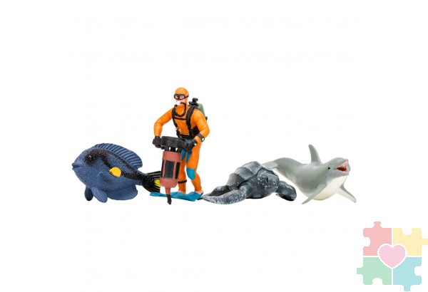 Фигурки игрушки серии "Мир морских животных": Дельфин, кожистая черепаха, рыбка-хирург, дайвер (набор из 3фигурок животных и 1 человека)