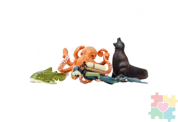 Фигурки игрушки серии "Мир морских животных": Дайвер, осьминог, морской лев, зебровая акула (набор из 3фигурок животных и 1 человека)
