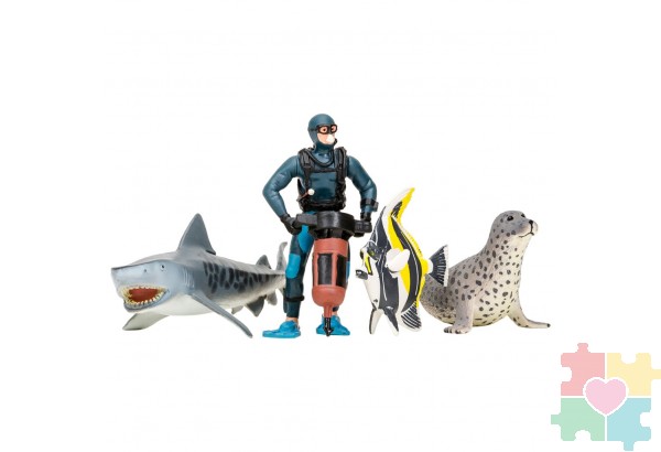 Фигурки игрушки серии "Мир морских животных": Акула, тюлень, мавританский идол, дайвер (набор из 3фигурок животных и 1 человека)