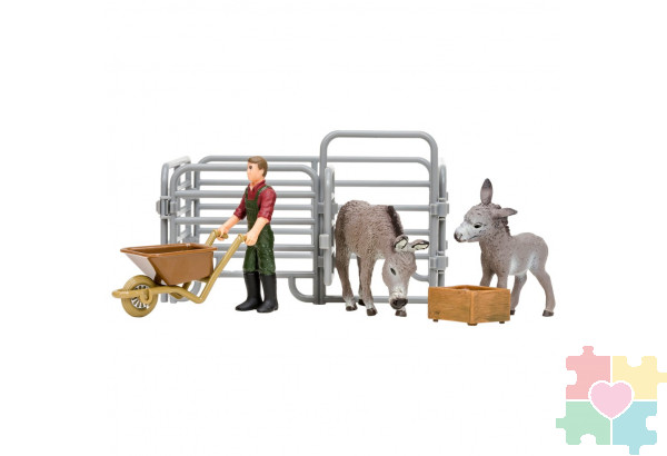 Игрушки фигурки в наборе серии "На ферме", 6 предметов (фермер, 2 ослика, ограждение-загон, инвентарь)