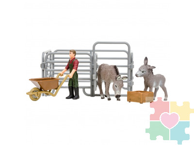 Игрушки фигурки в наборе серии "На ферме", 6 предметов (фермер, 2 ослика, ограждение-загон, инвентарь)