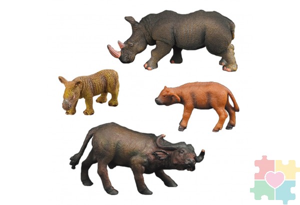 Набор фигурок животных серии "Мир диких животных": Семья буйволов и семья носорогов, 4 предмета