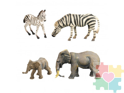 Набор фигурок животных серии "Мир диких животных": Семья зебр и семья слонов, 4 предмета