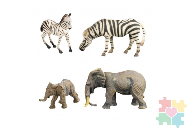 Набор фигурок животных серии "Мир диких животных": Семья зебр и семья слонов, 4 предмета