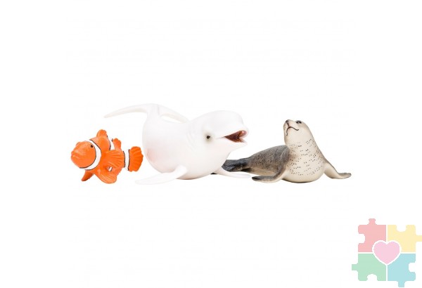 Фигурки игрушки серии "Мир морских животных": Белуха, рыба-клоун, тюлень (набор из 3фигурок животных)