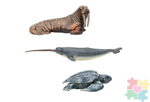 Фигурки игрушки серии "Мир морских животных": Нарвал, кожистая черепаха, морж (набор из 3фигурок животных)