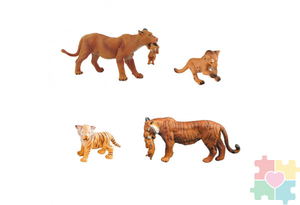 Набор фигурок животных серии "Мир диких животных": Семья львов и семья тигров, 4 предмета