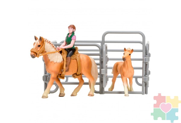 Игрушки фигурки в наборе серии "На ферме", 6 предметов: Авелинская лошадь и жеребенок, наездница, ограждение-загон, инвентарь