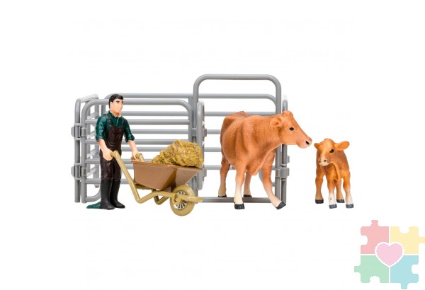 Игрушки фигурки в наборе серии "На ферме", 6 предметов (фермер, корова с теленком, ограждение-загон, инвентарь)