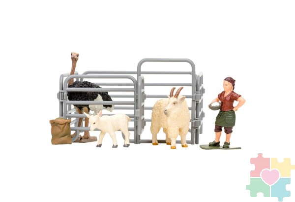 Игрушки фигурки в наборе серии "На ферме", 6 предметов (фермер, 2 козлика, страус, ограждение-загон, инвентарь)