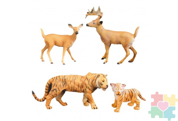 Набор фигурок животных серии "Мир диких животных": Семья тигров и семья оленей, 4 предмета