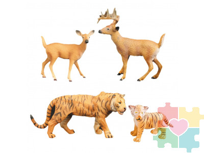 Набор фигурок животных серии "Мир диких животных": Семья тигров и семья оленей, 4 предмета