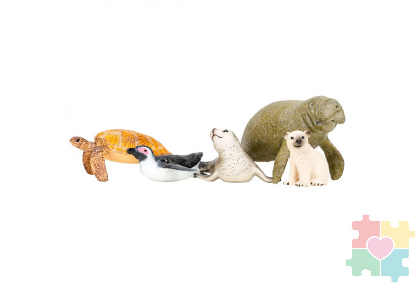 Фигурки игрушки серии "Мир морских животных": Ламантин, морская черепаха, тюлень, пингвин, белый медвежонок (набор из 5 фигурок животных)