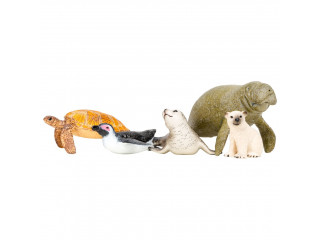 Фигурки игрушки серии "Мир морских животных": Ламантин, морская черепаха, тюлень, пингвин, белый медвежонок (набор из 5 фигурок животных)