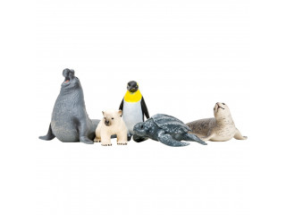 Фигурки игрушки серии "Мир морских животных": Тюлень, белый медвежонок, пингвин, кожистая черепаха, морской слон (набор из 5 фигурок животных)