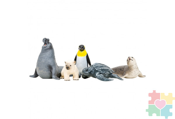 Фигурки игрушки серии "Мир морских животных": Тюлень, белый медвежонок, пингвин, кожистая черепаха, морской слон (набор из 5 фигурок животных)