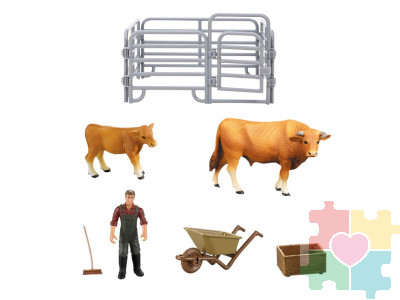 Игрушки фигурки в наборе серии "На ферме", 7 предметов (рыжий бык, теленок, фермер, ограждение-загон, аксессуары)
