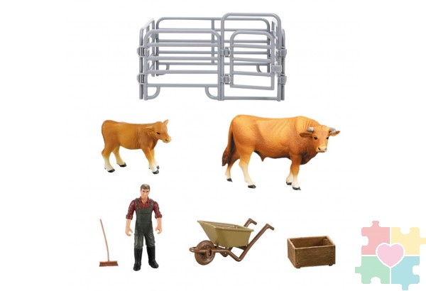 Игрушки фигурки в наборе серии "На ферме", 7 предметов (рыжий бык, теленок, фермер, ограждение-загон, аксессуары)