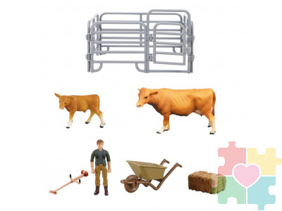 Игрушки фигурки в наборе серии "На ферме", 7 предметов (рыжая корова, теленок, фермер, ограждение-загон, аксессуары)
