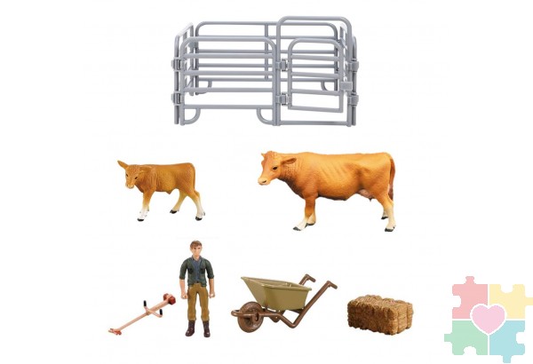 Игрушки фигурки в наборе серии "На ферме", 7 предметов (рыжая корова, теленок, фермер, ограждение-загон, аксессуары)