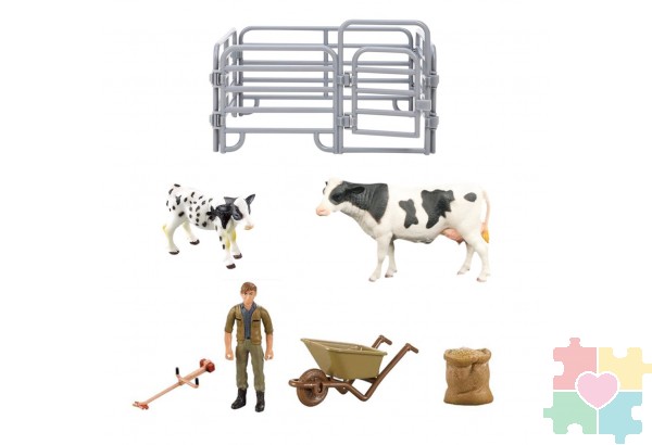 Игрушки фигурки в наборе серии "На ферме", 7 предметов (корова белая с черным, теленок, фермер, ограждение-загон, аксессуары)