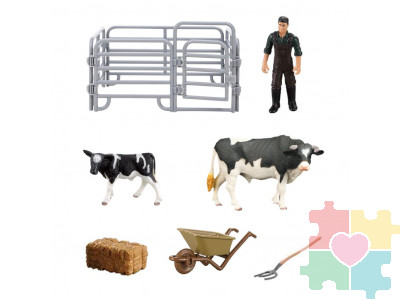 Игрушки фигурки в наборе серии "На ферме", 7 предметов (корова белая с черным, теленок, фермер, ограждение-загон, аксессуары)