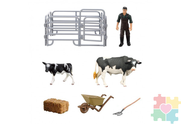 Игрушки фигурки в наборе серии "На ферме", 7 предметов (корова белая с черным, теленок, фермер, ограждение-загон, аксессуары)