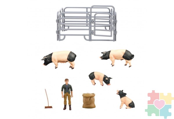Игрушки фигурки в наборе серии "На ферме", 8 предметов (семья свиней, фермер, ограждение-загон, аксессуары)