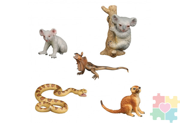 Набор фигурок животных серии "Мир диких животных": 2 коалы, сурикат, ящерица, змея (набор из 6 предметов)