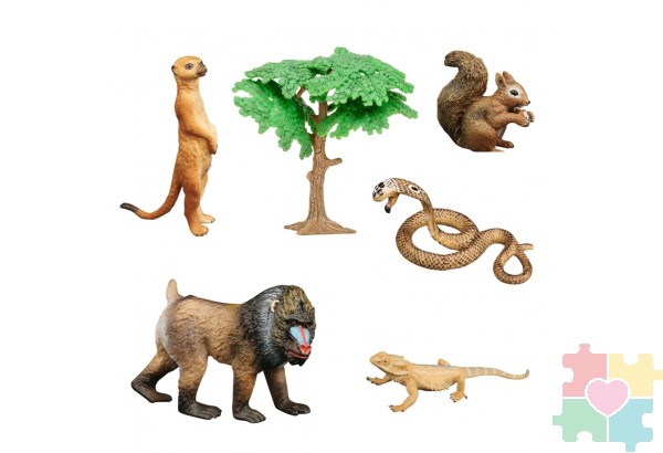 Набор фигурок животных серии "Мир диких животных": мандрил, кобра, сурикат, варан, белка (набор из 6 предметов)