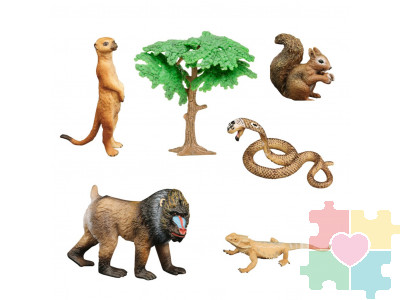 Набор фигурок животных серии "Мир диких животных": мандрил, кобра, сурикат, варан, белка (набор из 6 предметов)
