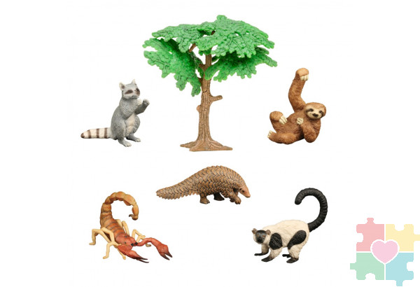Набор фигурок животных серии "Мир диких животных": скорпион, обезьяна, ленивец, броненосец, енот (набор из 6 предметов)